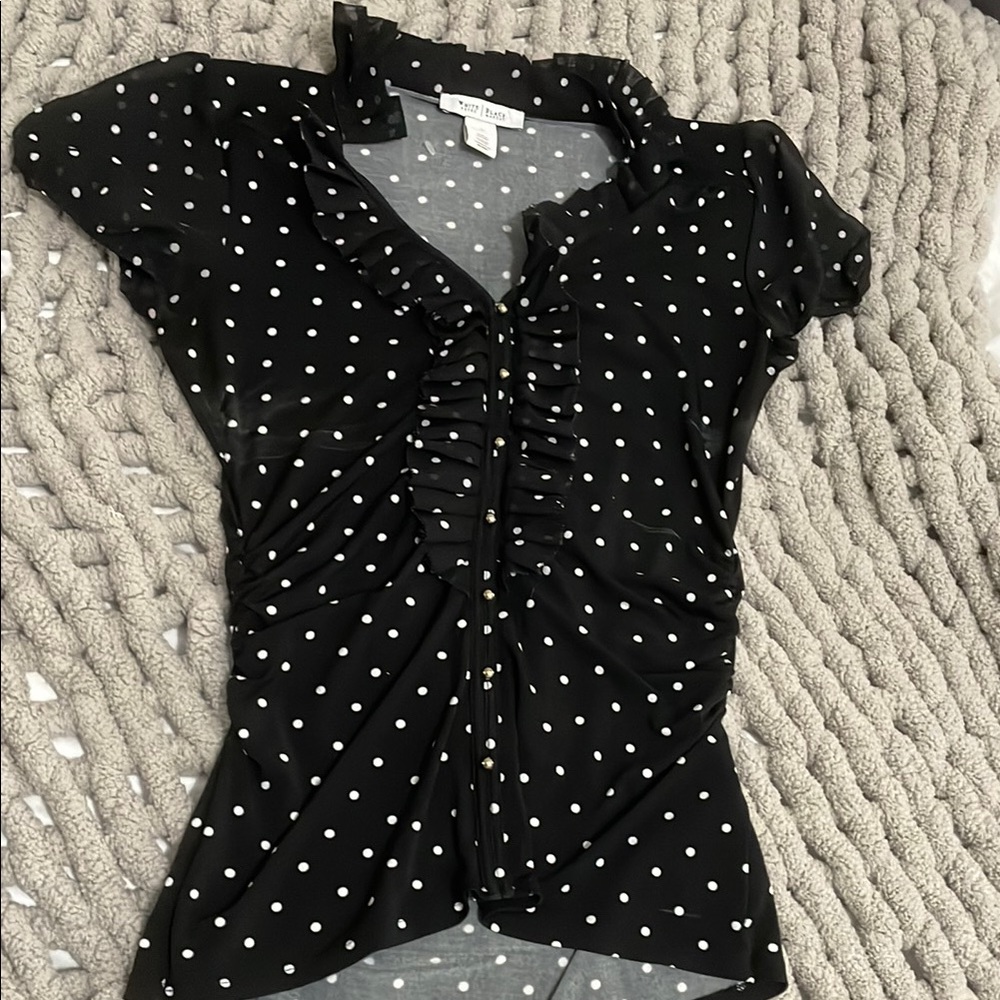 White House Black Market Black Polka Dot Ruffle Front Blouse
